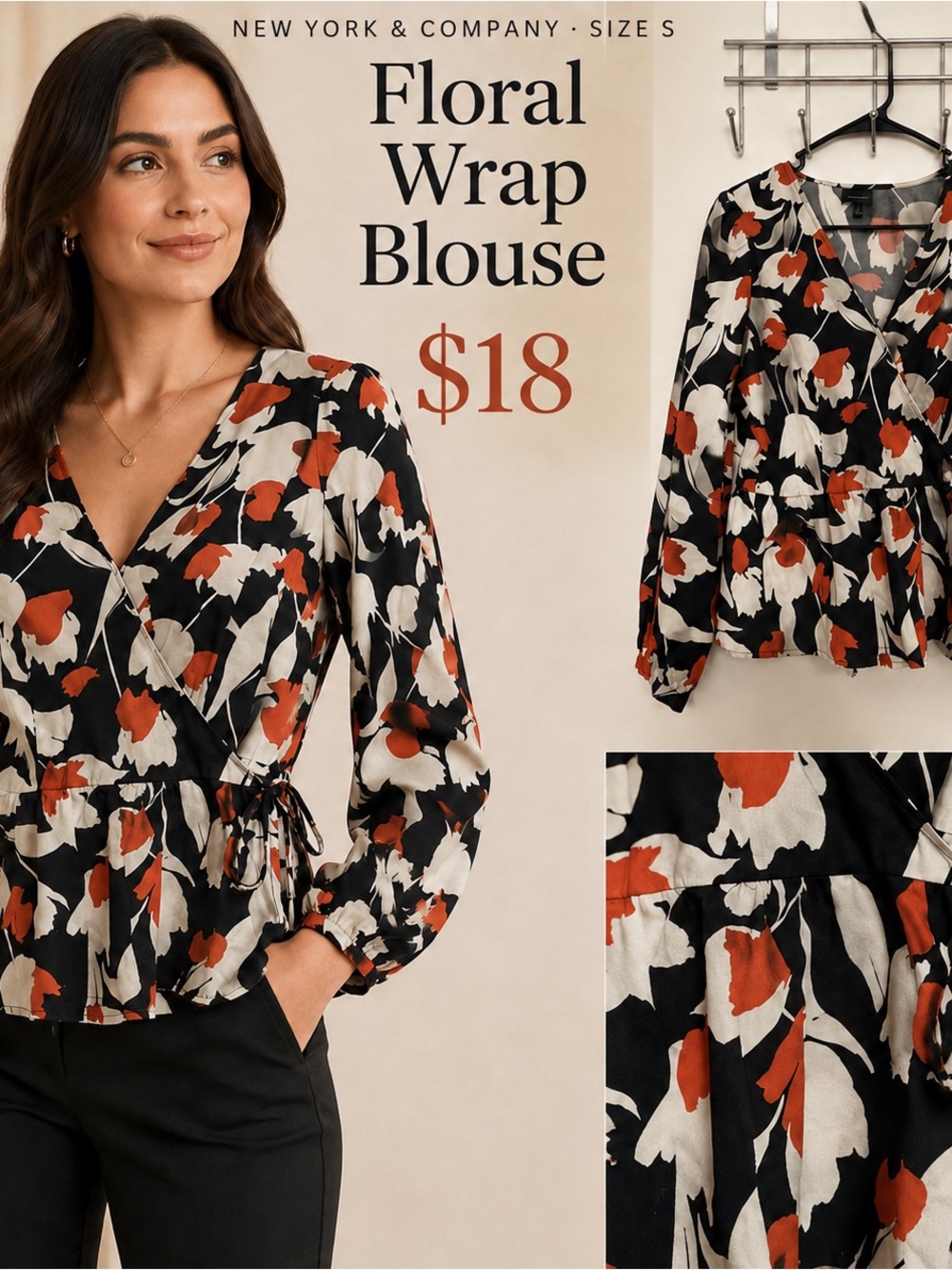 New York & Company Black Floral Wrap Top with Cream and Rust Accents